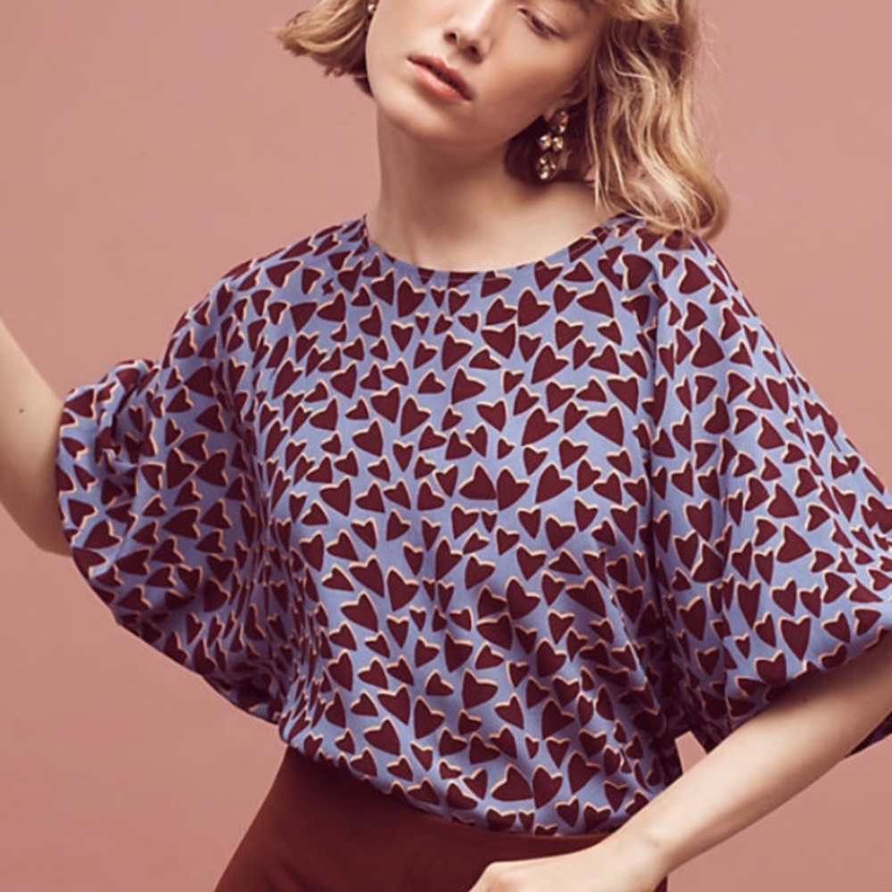 Anthropologie Maeve Heart Print Silk Kimono Blouse